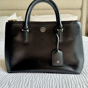 Authentic Tory Burch Black Leather Tote with Gold Logo